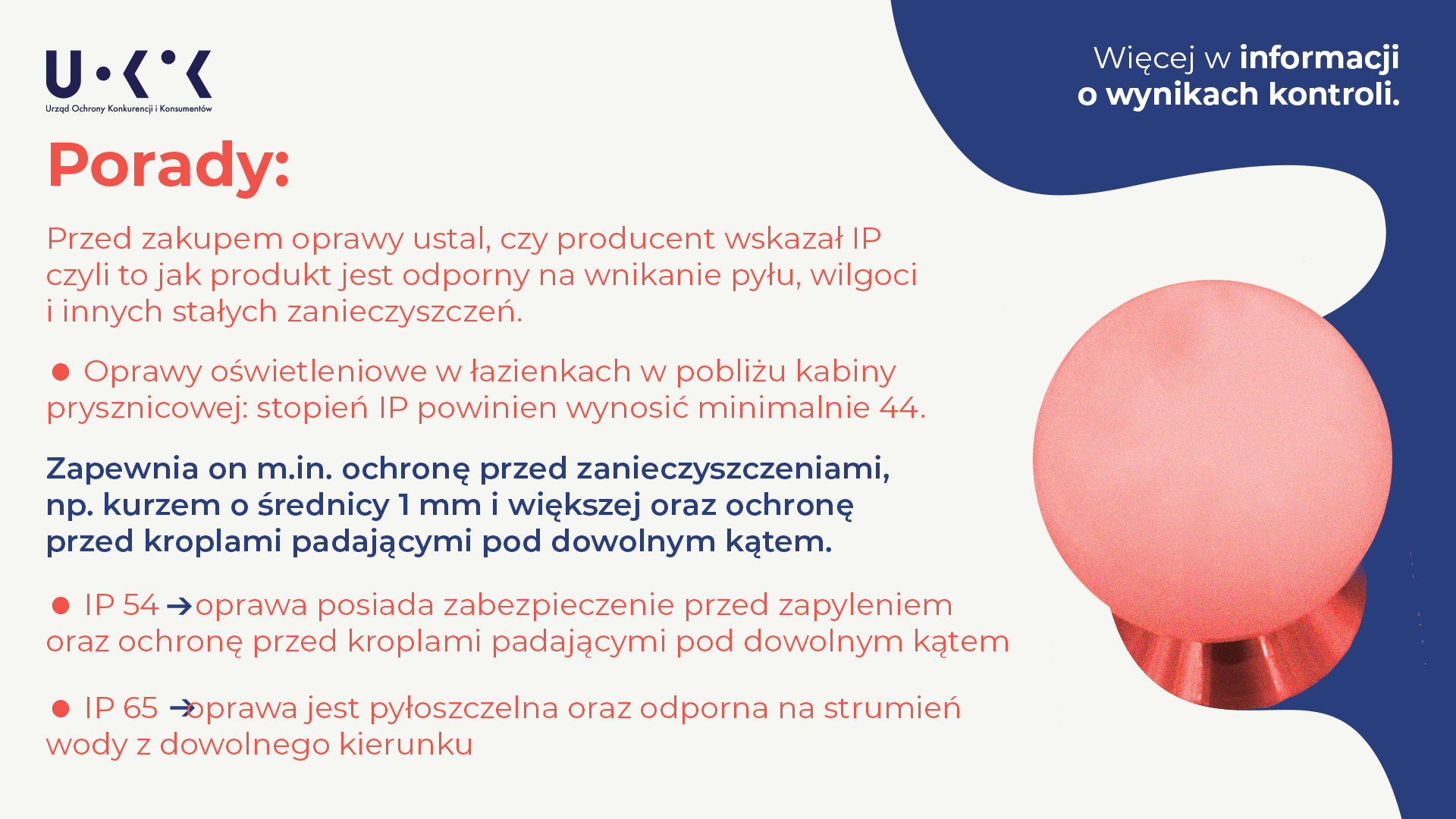 Zdjęcie przedstawia czerwony plafon na białym i niebieskim tle, logo Urzędu Ochrony Konkurencji i Konsumentów, w prawym rogu tekst „Więcej informacji o wynikach kontroli”, a następnie tekst: w nagłówku „Porady” w pod nim: „Przed zakupem oprawy ustal, czy producent wskazał UP czyli to jak produkt jest odporny na wnikanie pyłu, wilgoci i innych stałych zanieczyszczeń. Oprawy oświetleniowe w łazienkach w pobliżu kabiny prysznicowej: stopień IP powinien wynosić minimalnie 44. Zapewnia on m.in. ochronę przed zanieczyszczeniami, np. kurzem o średnicy 1 mm i większej oraz ochronę przed kroplami padającymi pod dowolnym kątem. IP 54 -> oprawa posiada zabezpieczenie przed zapyleniem oraz ochronę przed kroplami padającymi pod dowolnym kątem. IP 65 -> oprawa jest pyłoszczelna oraz odporna na strumień wody z dowolnego kierunku.